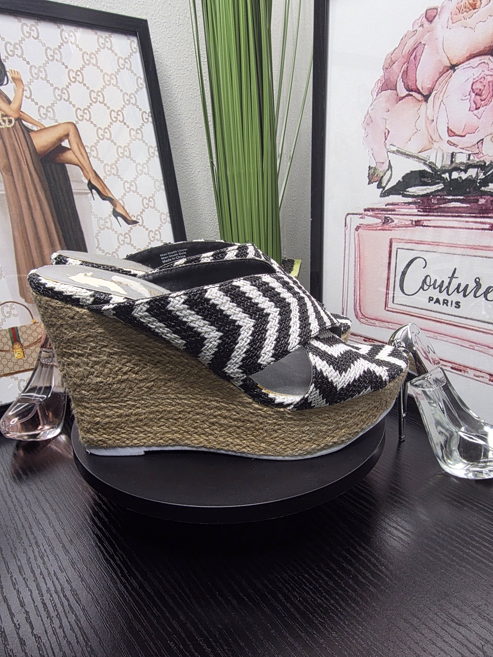 Rampage Black & White Woven Chevron Wedge Sandals - Picture 3 of 7